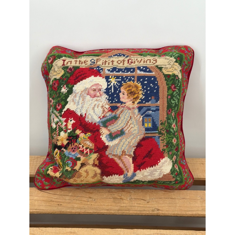 Vintage 1991 Imperial Elegance Santa Needlepoint Pillow Peking Handicraft 12x12